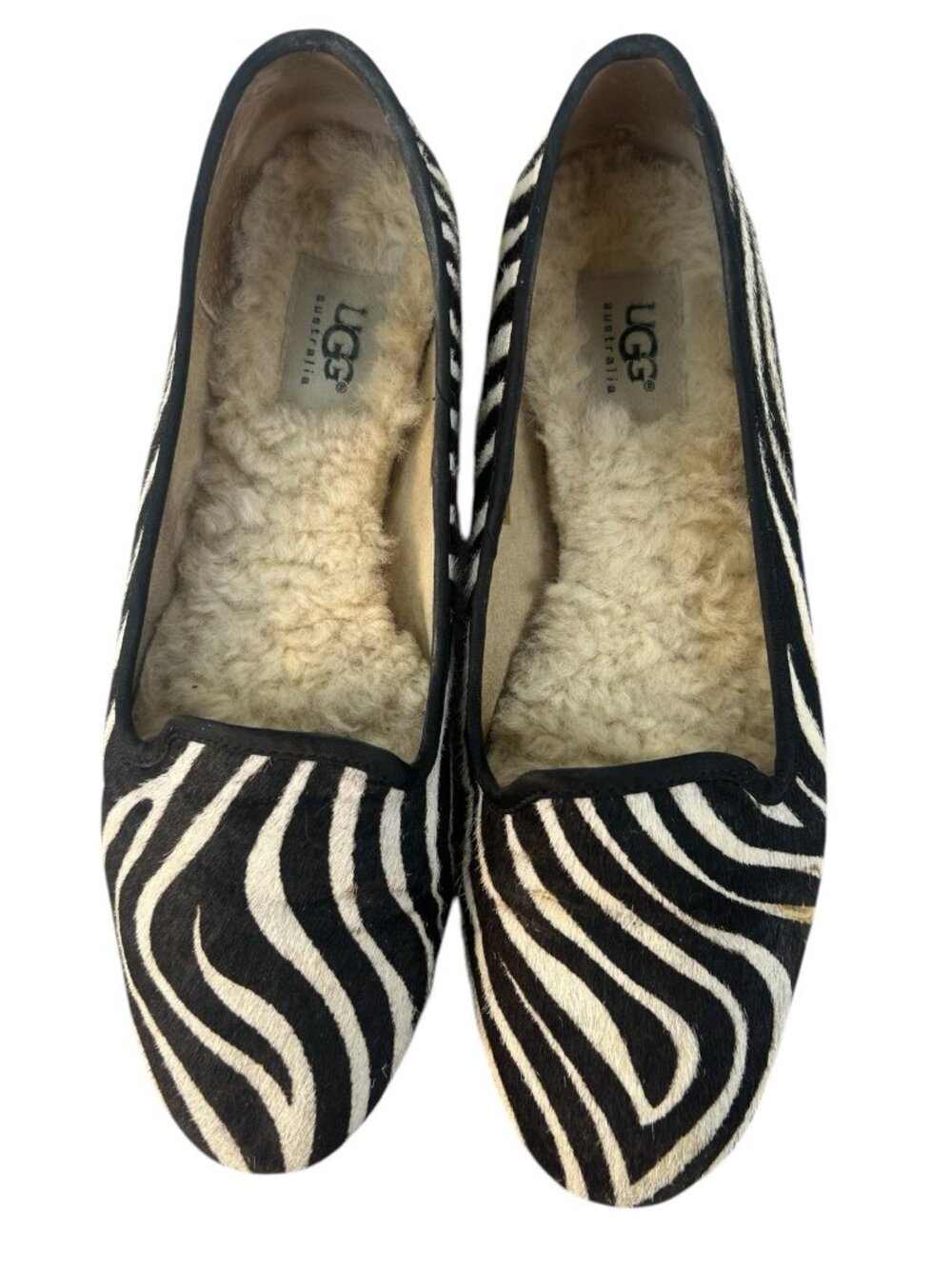 UGG Zebra Calf Hair Loafers Size 8 Black Cream Shearling Lined Ballet Flats - Picture 8 of 8